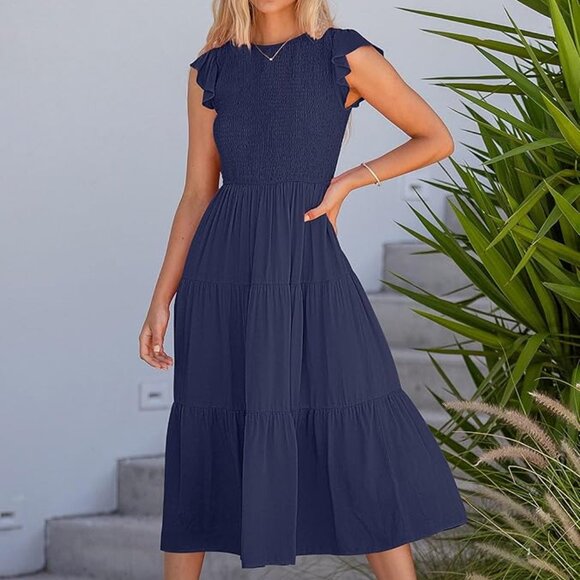 Women’s Smocked Crewneck Midi Dress – Effortless Boho Vibes - Picture 1 of 5